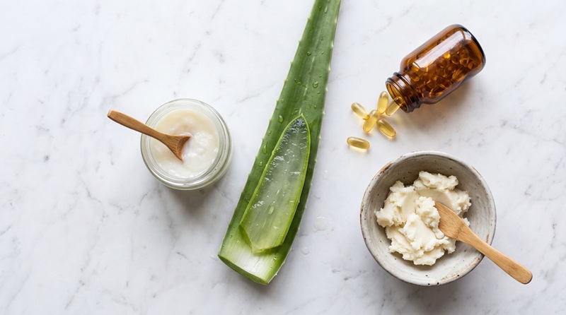 Natural ingredients like coconut oil and aloe vera used for stretch mark treatment