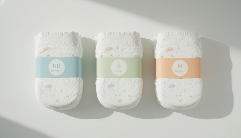 Different newborn diaper sizes arranged from smallest to largest for comparison