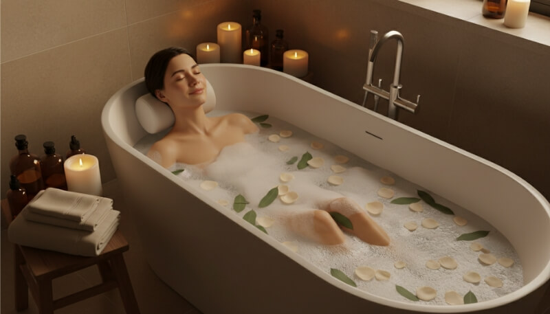 New mother practicing self-care with a relaxing bath and candles