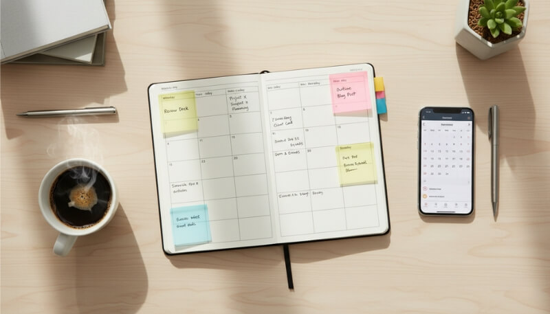 Working mom organizing her daily schedule with planner and coffee