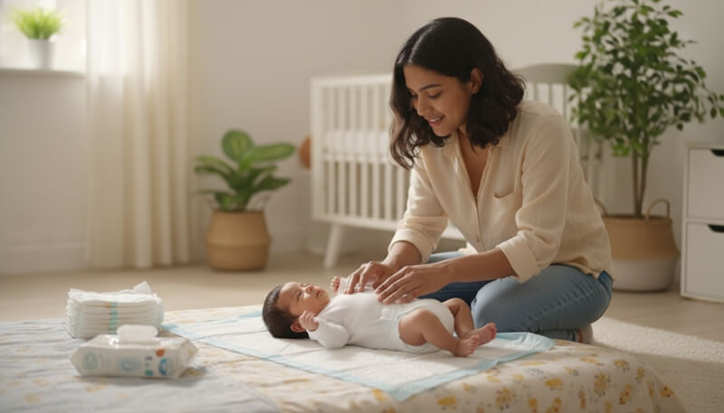 Parent changing baby diaper on a disposable changing mat for hygiene