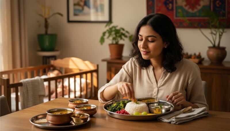 Indian breastfeeding mother enjoying a balanced nutritious meal at home