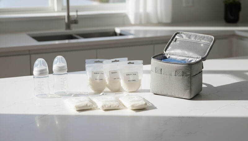 Breastmilk storage bags and bottles organized for proper storage