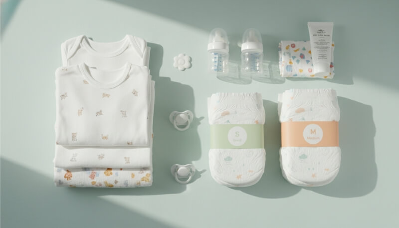 Essential newborn items neatly arranged including clothes diapers and feeding supplies