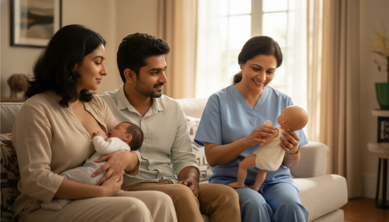 New mother seeking support for common breastfeeding challenges with lactation consultant