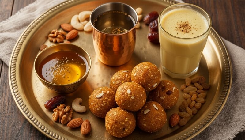Traditional Indian postpartum foods including gond ladoo ajwain water and dry fruits