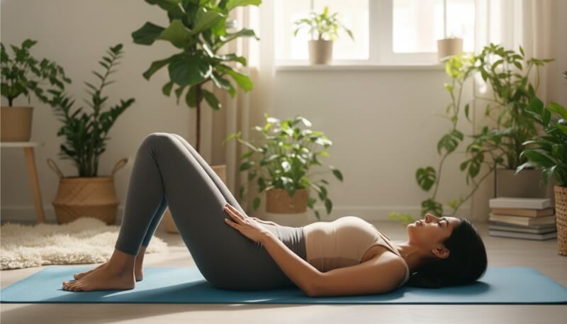 Woman doing gentle pelvic floor exercises for postpartum pain relief
