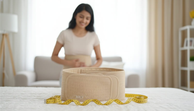 Postpartum belly belt worn by new mother for tummy support after pregnancy