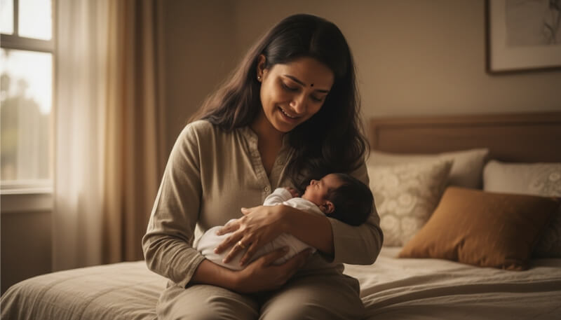 New mother experiencing emotional changes due to postpartum hormonal shifts