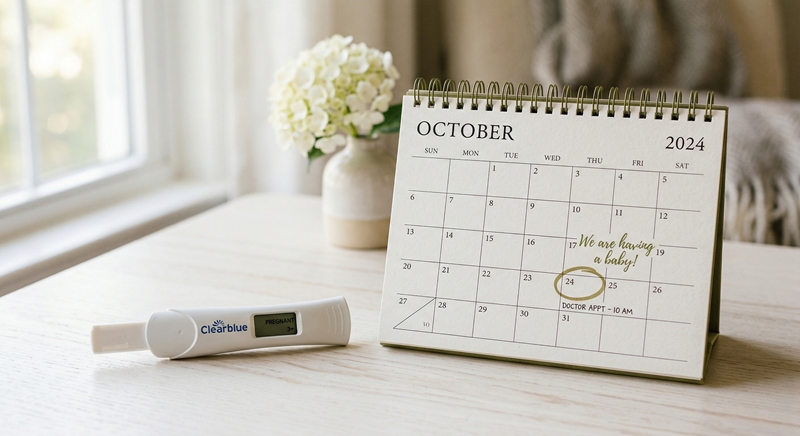 Pregnancy test kit showing positive result with calendar in background