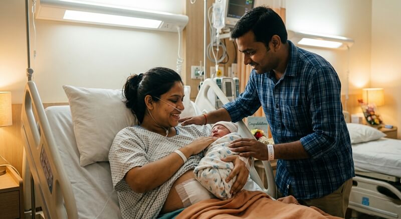 सिजेरियन डिलीवरी के बाद नवजात शिशु को गोद में लेती माँ
