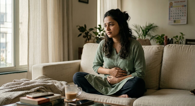 Woman experiencing early pregnancy symptoms like nausea and fatigue in first month