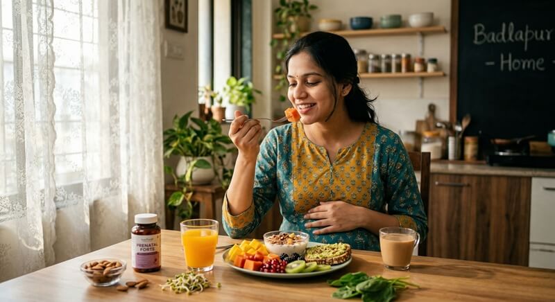 Woman at 2 months pregnant enjoying a healthy meal for early pregnancy nutrition