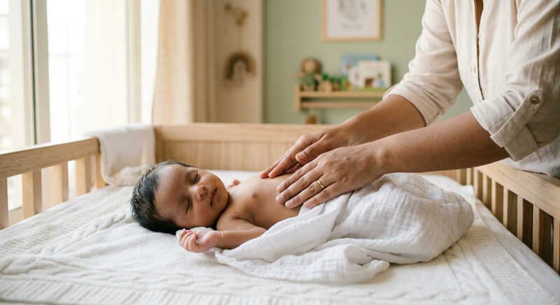Parent gently massaging newborn baby tummy to relieve constipation