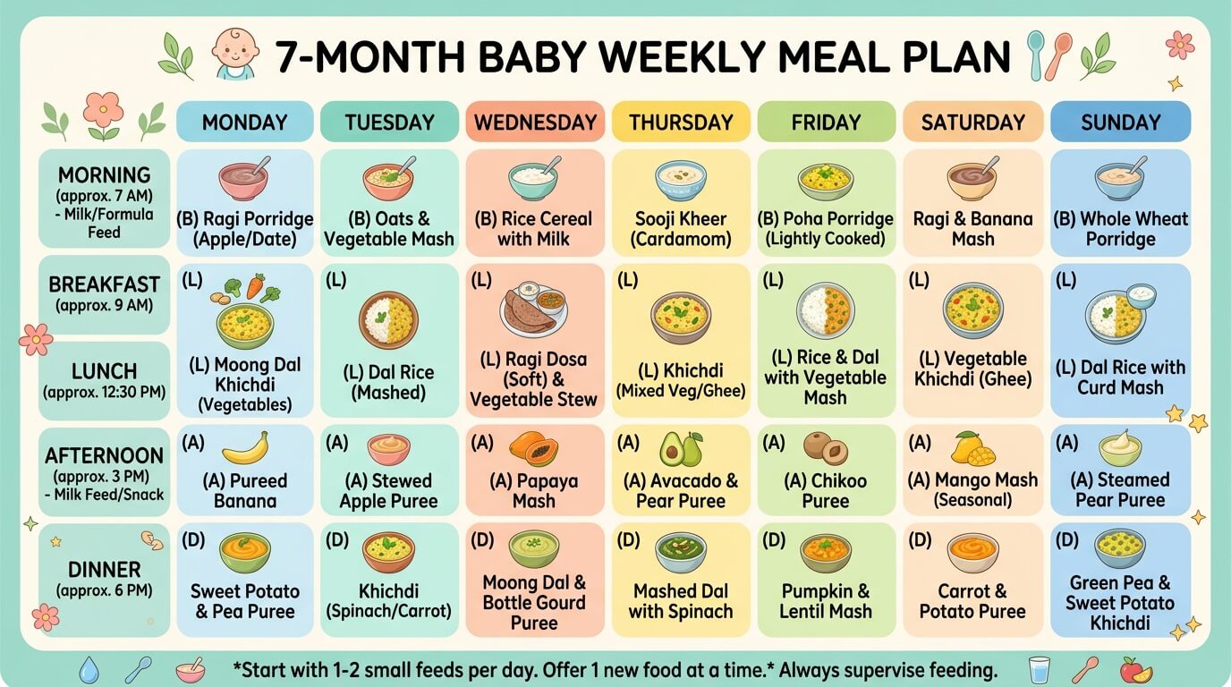 Weekly meal plan chart for 7-month-old Indian baby with breakfast lunch and dinner