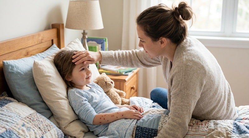 Child with chickenpox symptoms being examined by caring parent