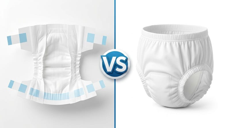 Side by side comparison of taped baby diapers and baby diaper pants