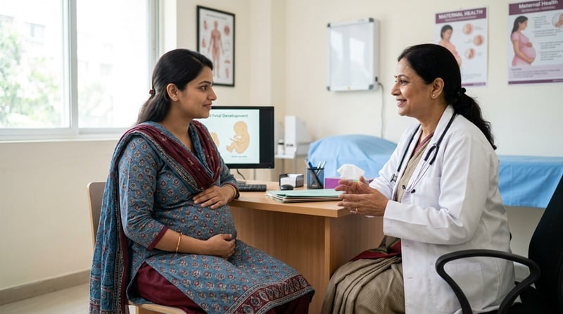 प्रेगनेंसी में वाइट डिस्चार्ज — डॉक्टर से सलाह लेती महिला