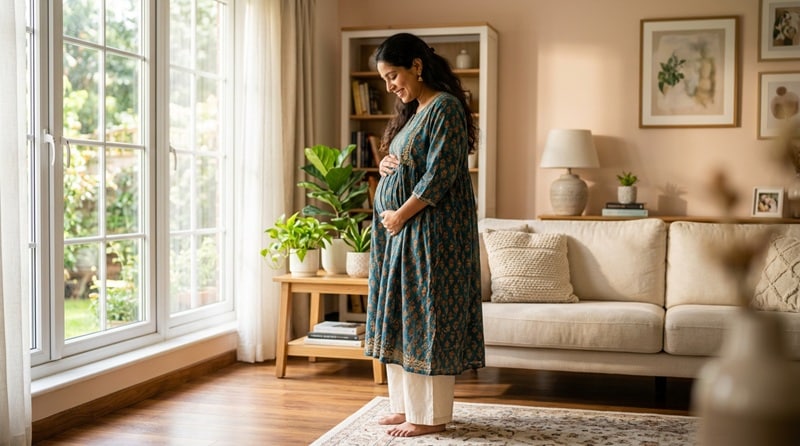 4 months pregnant woman showing early baby bump with healthy glow