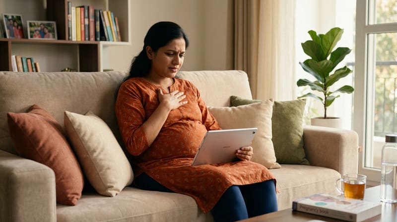 Pregnant woman experiencing breast tenderness and discomfort during pregnancy