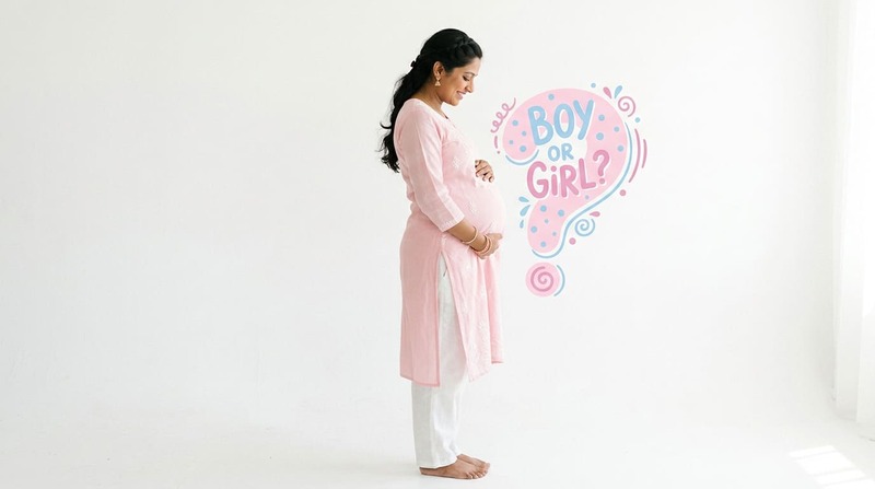 Pregnant woman with baby bump shape used to predict baby gender boy or girl