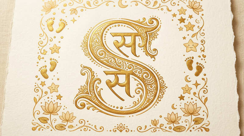 Hindu baby names starting with S written in decorative calligraphy
