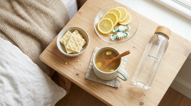 Morning sickness remedies including ginger tea crackers and lemon for pregnant women
