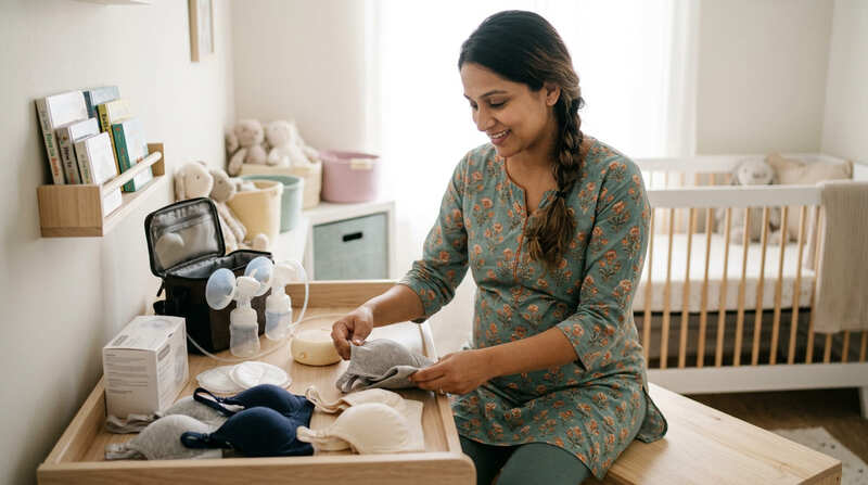 स्तनपान की तैयारी करती गर्भवती महिला — नर्सिंग ब्रा और ब्रेस्ट पैड