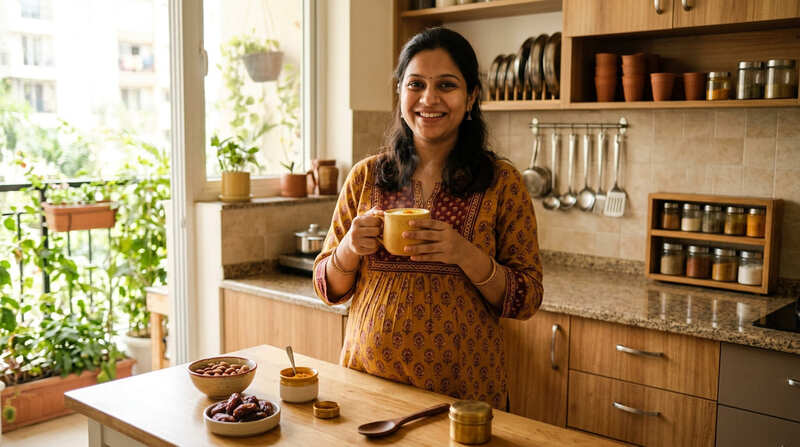 प्रेगनेंसी में दूध पीती गर्भवती महिला — कैल्शियम और प्रोटीन
