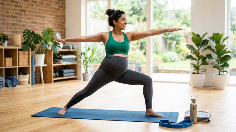 Pregnant woman doing safe first trimester exercises including walking and prenatal yoga
