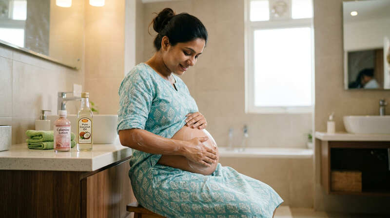 प्रेगनेंसी में खुजली से राहत के लिए मॉइस्चराइज़र लगाती महिला
