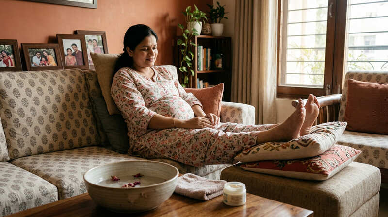 प्रेगनेंसी में पैरों की सूजन कम करने के लिए पैर ऊपर रखकर आराम करती महिला
