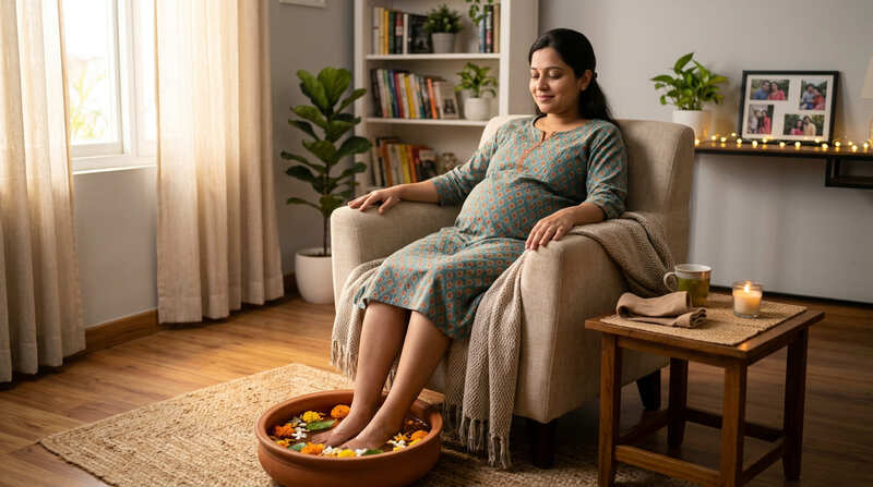 Pregnant woman soaking swollen feet in warm water for relief
