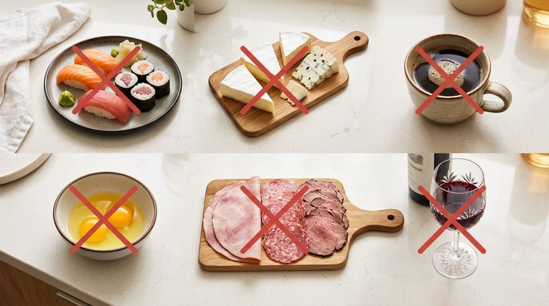 Foods to avoid during pregnancy including raw fish soft cheese and caffeine
