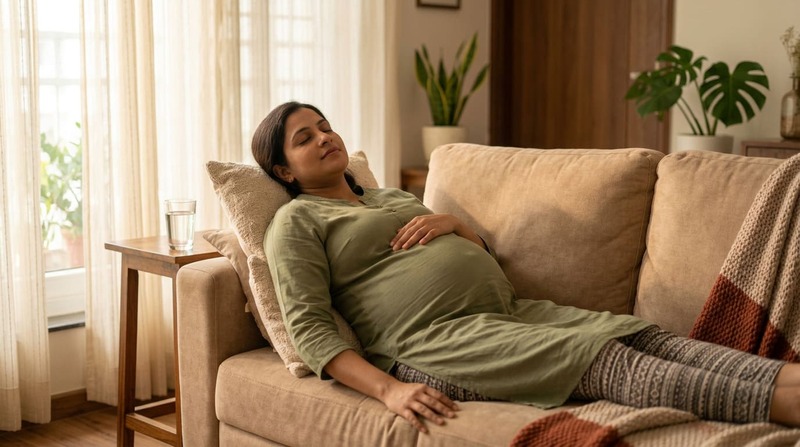 प्रेगनेंसी में पेट में कसाव होने पर आराम करती गर्भवती महिला