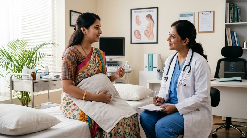 Pregnant woman with abdominal pain consulting doctor for reassurance
