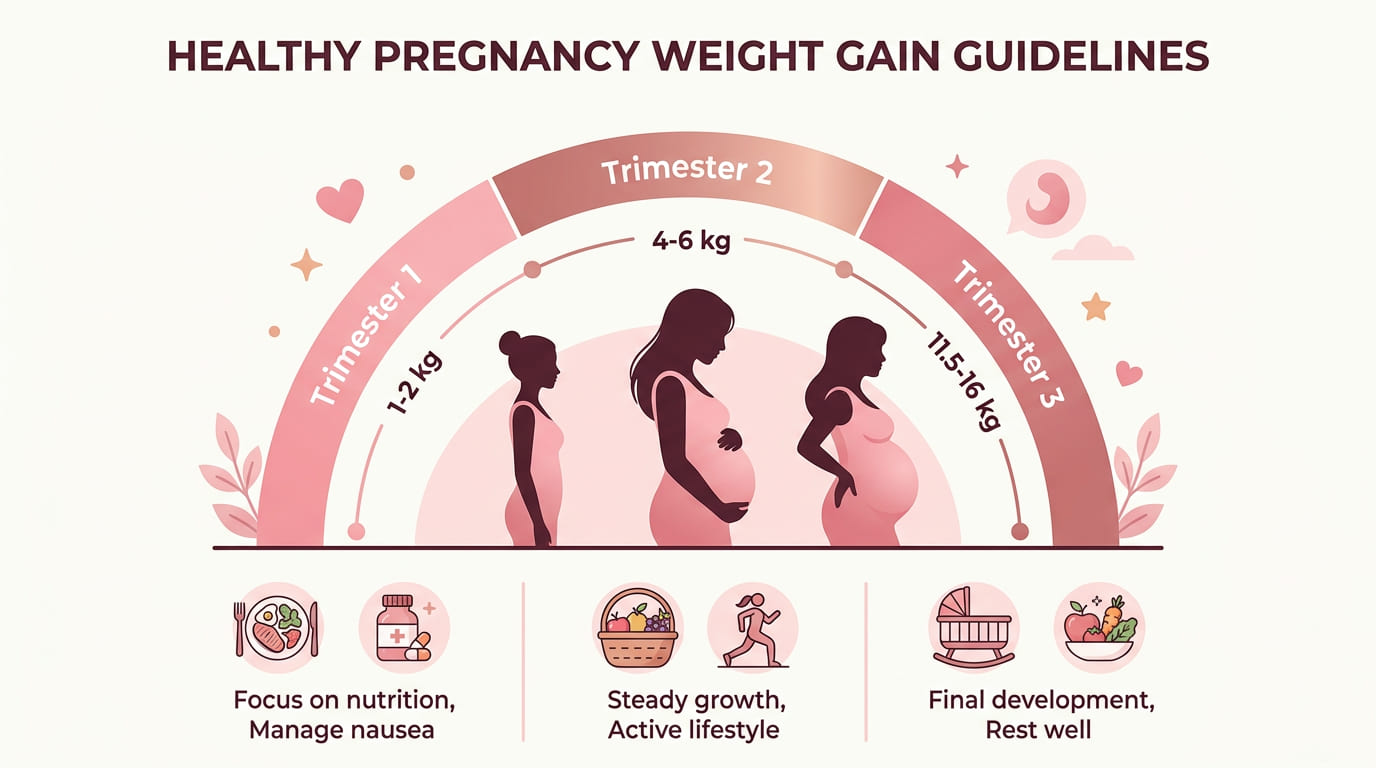 Healthy pregnancy weight gain chart showing recommended gain by trimester 