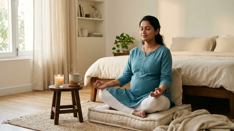 प्रेगनेंसी में घबराहट से राहत के लिए ध्यान करती महिला
