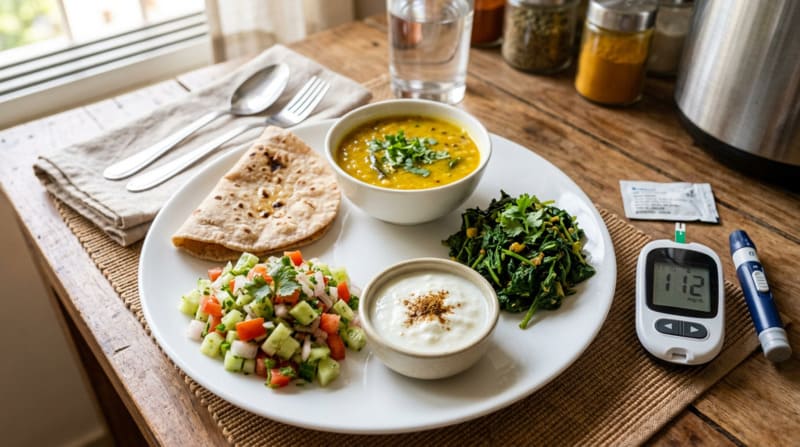 प्रेगनेंसी में शुगर कंट्रोल के लिए हेल्दी खाने की थाली — दाल सब्जी रोटी सलाद
