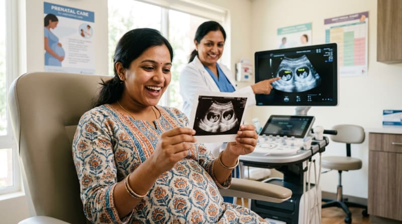 Ultrasound image showing early twin pregnancy with two gestational sacs 