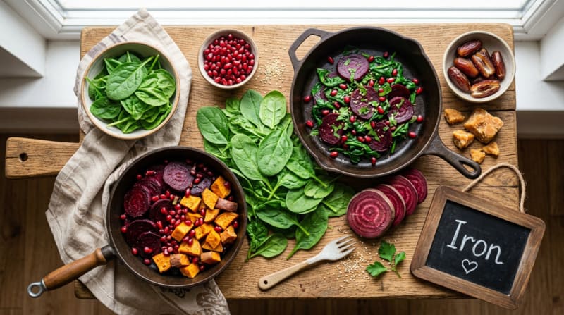 Iron-rich foods to increase haemoglobin during pregnancy including spinach beetroot pomegranate and dates 