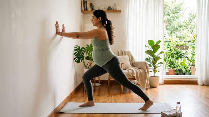 Pregnant woman doing gentle leg stretches for leg pain relief during pregnancy 