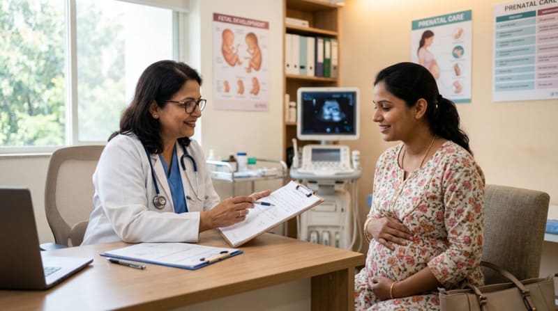 Pregnant woman consulting doctor about spotting during pregnancy warning signs
