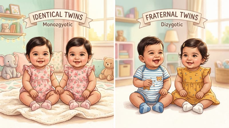 Types of twins comparison showing identical and fraternal twins side by side
