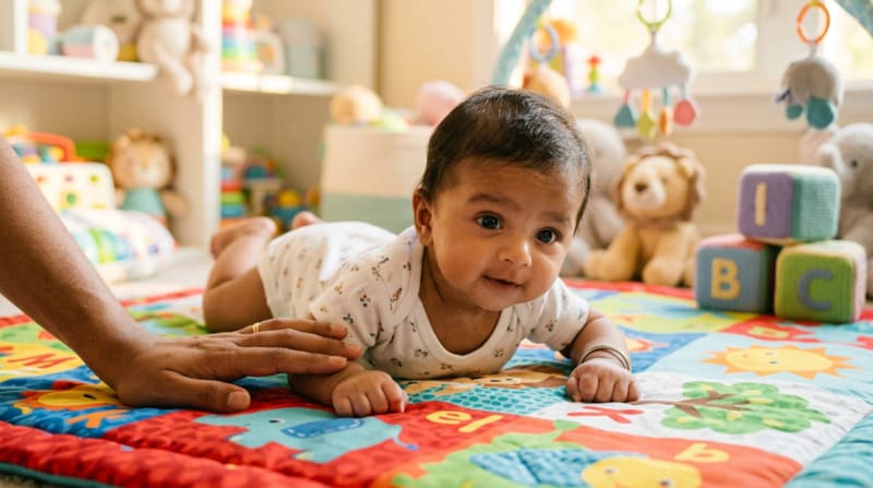 1 month old baby doing tummy time on a soft play mat reaching key milestones 