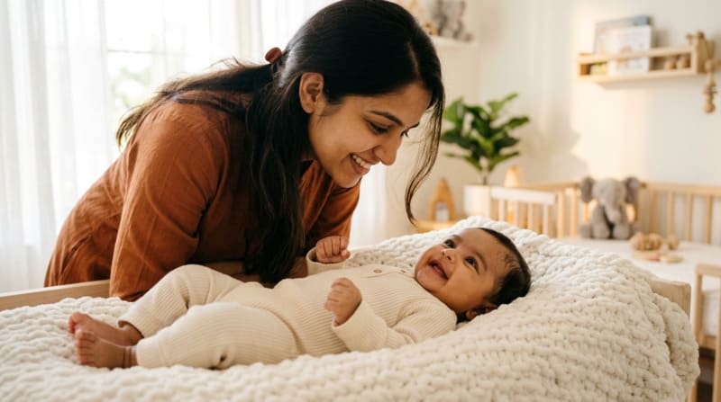 2 month old baby smiling at parent showing social smile milestone development 