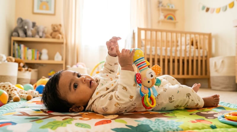 3 month old baby discovering hands and grasping a soft toy showing fine motor milestones

