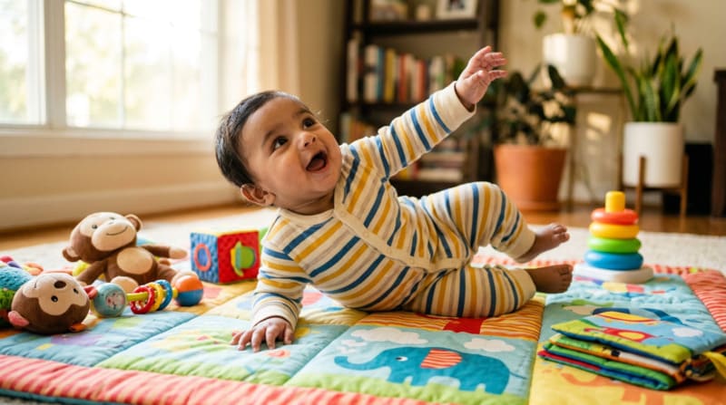 4 month old baby rolling over on a play mat showing physical development milestone 