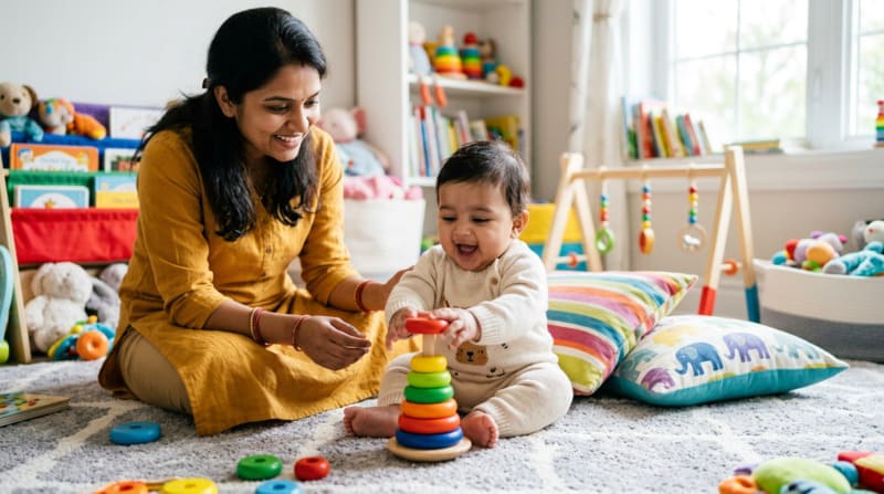 5 month old baby sitting with support and reaching for toys showing growth milestones