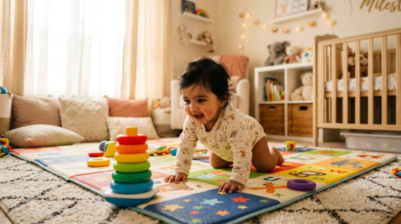 7 month old baby crawling on a play mat reaching for a toy showing development milestones